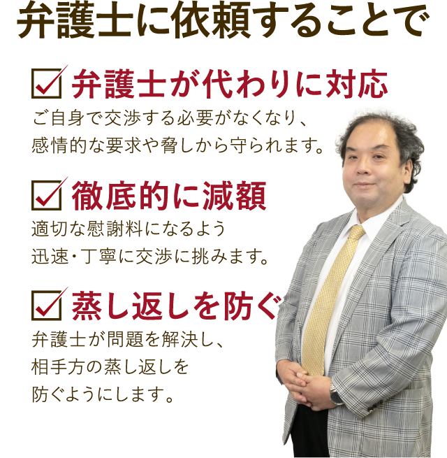 弁護士にいらいすることで弁護士が代わりに対応・徹底的に減額・蒸し返しを防ぐ
